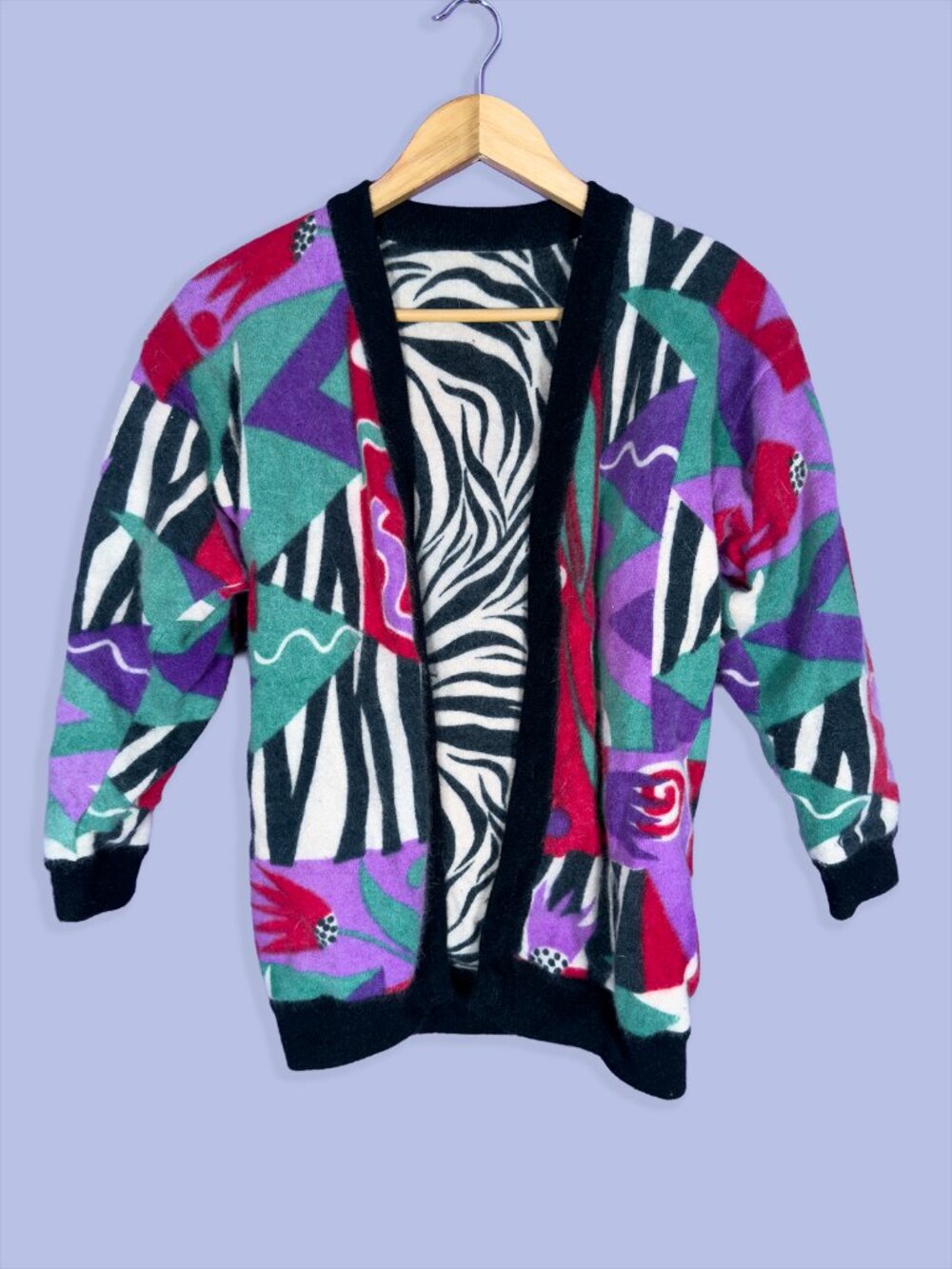 Reversible Abstract Print Open Front Cardigan Purple Zebra 80s 90s Artwear